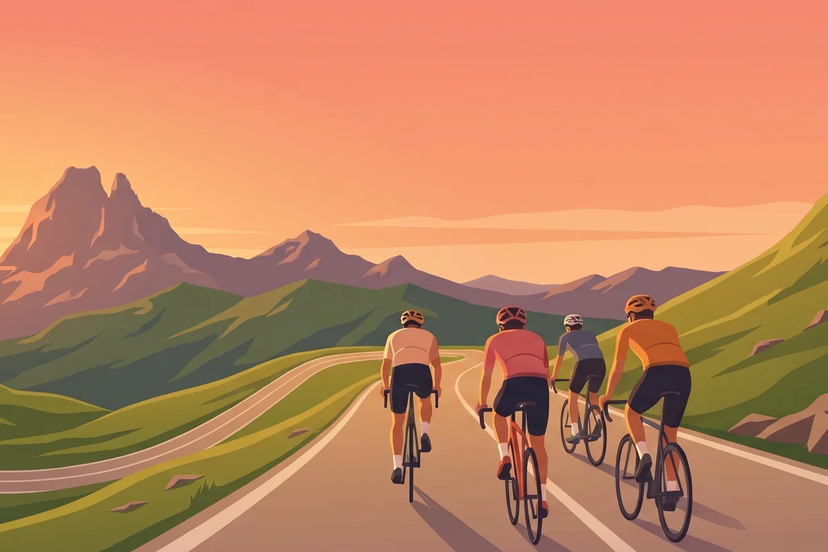 Quatre cyclistes grimpent un col des Pyrénées au coucher du soleil, face au pic du Midi d'Ossau